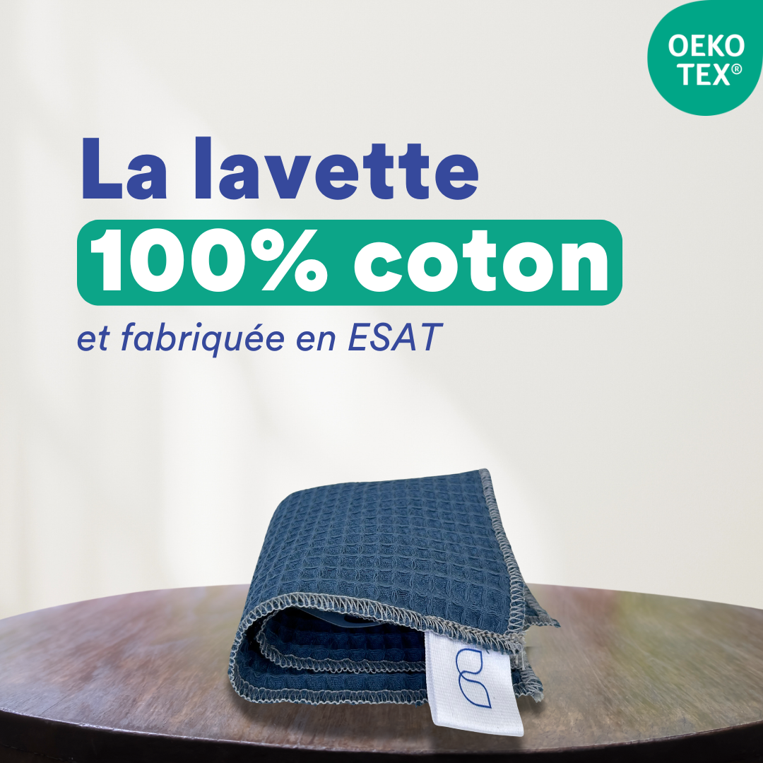 Une lavette microfibre Blue avec un texte qui dit "La lavette 100% coton fabriquée en ESAT"